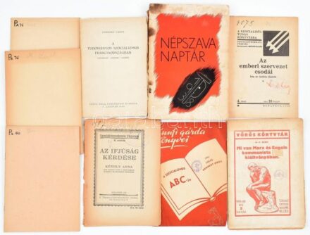 1904-1945 Vegyes háború előtti szocialista könyv és nyomtatvány tétel, 9 db: Daniel de Leon: A szakszervezkedés égető kérdése. Ford.: Basky Lajos. New York, 1904., Magyar Szocialista Munkás Szövetség, 31 p.; Vörös