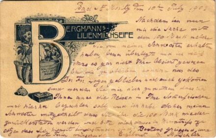 1903 Bergmann's Lilienmilchseife / German soap advertisement card (fa)