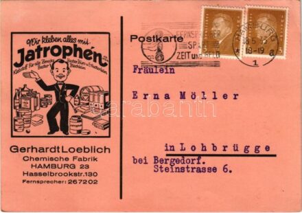 1933 Wir kleben alles mit 'Jatrophén' Klebstoff für alle Zwecke. Gerhardt Loeblich Chemische Fabrik Hamburg / German glue advertisement card (EK)
