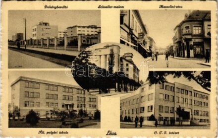 1939 Léva, Levice; Dohánybeváltó, Schoeller malom, Mussolini utca, Áll. polgári iskola, OTI intézet / tobacco factory, mill, street, school, hospital