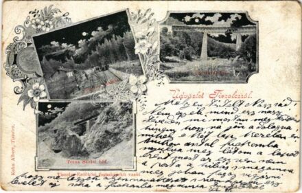 1903 Tiszolc, Tisovec; Tiszolc-Erdőközi fogaskerekű vasút, Fenyves vasútállomás, Csertovai és Tesna Skalai híd, este. Kohn Albert kiadása / railway bridges, Tisovec-Bánovo railway station, cogwheel railway, night. Art Nouveau, floral (EB)
