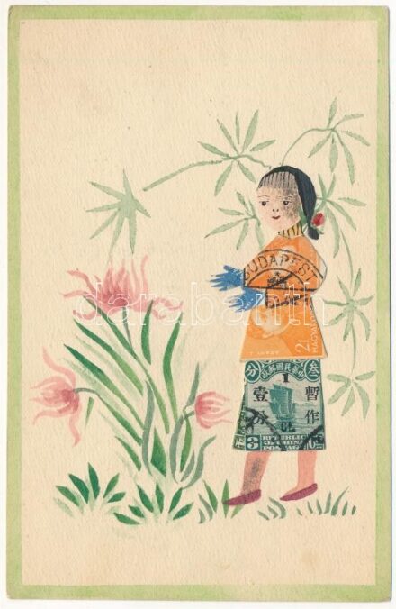 Bélyegekből kivágott és összeragasztott képeslap / Asian lady. Made out of stamps (non PC) (EK)