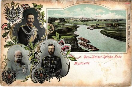 1902 Myslowice, Myslowitz (Ober-Schlesien); Drei-Kaiser-Reichs-Ecke / 'Three Emperors' Corner' triple border of the Russian Empire (Tsar Nicholas), Austria-Hungary (Franz Joseph I of Austria) and the German Empire (Wilhelm II) Verlag von Max