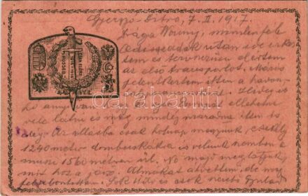 1917 Csak előre rosseb! Tábori Postai Levelezőlap. Kiadja a cs. és kir. 44. gyalogezred özvegy- és árva-alapja / WWI Austro-Hungarian K.u.K. military field postcard (kis szakadás / small tear)