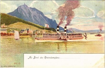 An Bord des Rheindampfers... Rhein-Dampfschiffahrt Kölnische und Düsseldorfer Gesellschaft / German steamship company, steamer line between Cologne and Düsseldorf, advertisement card (fl)