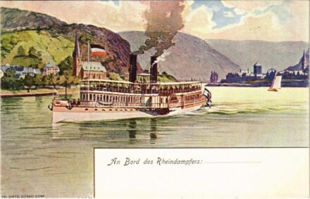 An Bord des Rheindampfers... Rhein-Dampfschiffahrt Kölnische und Düsseldorfer Gesellschaft / German steamship company, steamer line between Cologne and Düsseldorf, advertisement card