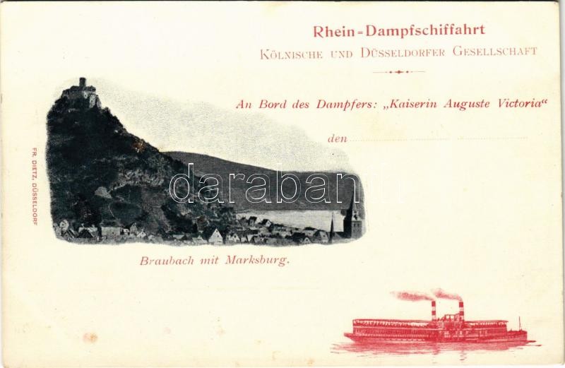 Braubach mit Marksburg. An Bord des Dampfers 'Kaiserin Auguste Victoria' Rhein-Dampfschiffahrt Kölnische und Düsseldorfer Gesellschaft / German steamship company, steamer line between Cologne and Düsseldorf, advertisement card (fl)
