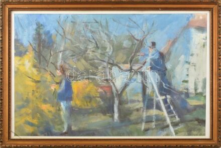 Zirkelbach László (1916-2014): Fametszők. Olaj, papír, jelzett. Üvegezett fakeretben, üveg sérült, keret sérült. 39,5x57 cm
