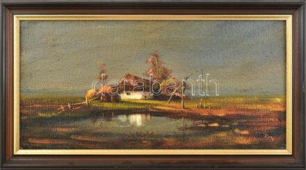 Tóth Gábor (1967-): Tanya gémeskúttal. Olaj, vászon, jelzett keretben, 30x60 cm