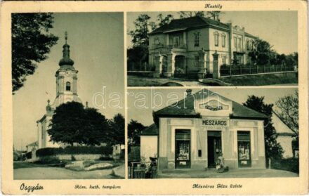 1944 Osgyán, Ozdany; Római katolikus templom, kastély, Mészáros Géza üzlete és saját kiadása / Catholic church, castle, publisher's shop (EK)