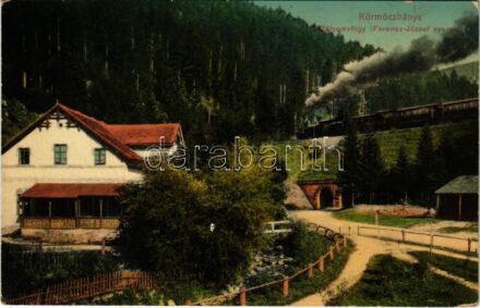 1912 Körmöcbánya, Kremnitz, Kremnica; Zólyomvölgy, Ferenc József nyaraló, vasút, gőzmozdony. Ritter Lipót kiadása / valley, villa, locomotive, railway tunnel