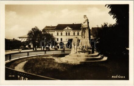 1934 Rozsnyó, Roznava; Gróf Andrássy Dénesné (Franciska) szobor, üzlet, autók / statue, shops, automobiles