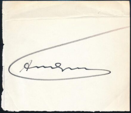 Andy Warhol (1928-1987) amerikai képzőművész, filmrendező, a pop-art irányzat meghatározó alakjának autográf aláírása papírlapon / Autograph signature of Andy Warhol (1928-1987) American artist, director, leading figure of the pop art