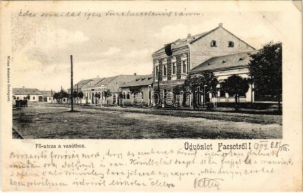 1902 Facset, Facsád, Faget; Fő utca a vasúthoz, Mailander Rafael üzlete. Weisz Salamon kiadása / main street to the railway station, shop (EK)
