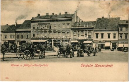 1906 Kolozsvár, Cluj; Mátyás király tér, lovaskocsik, Gergely Ferencz, Reményik Victor, Lászlóczki testvérek, Császár Dávid, Rácz János és Segesvári és társai üzlete, Duna biztosító / square, shops, insurance company (fl)