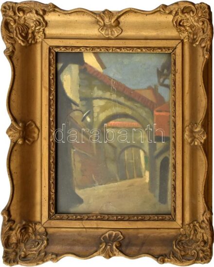 Jelzés nélkül: Sikátor. Olaj, karton, üvegezett, kopott keretben. 23x17cm