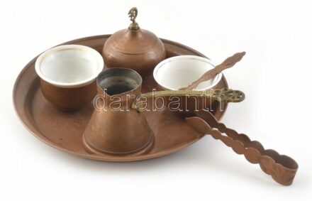 Keleti két személyes kávéskészlet, réz porcelán, kopott, d: 20 cm
