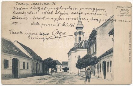 1910 Nagyszentmihály, Németszentmihály, Grosspetersdorf; Vasúti út északi részlete, templom. Schey Samu kiadása / Bahnhofstrasse, Kirche / street, church