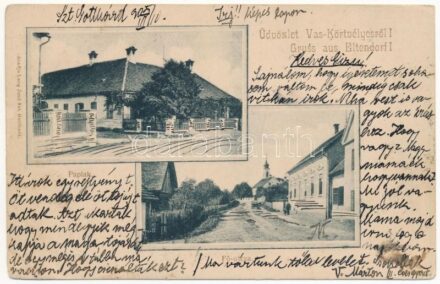 1903 Ókörtvélyes, Vas-Körtvélyes, Eltendorf; Fő utca, paplak, evangélikus templom. Lang Jenő kiadása / Ebenspangerhaus, Hauptstrasse, Kirche / main street, rectory, church (EK)