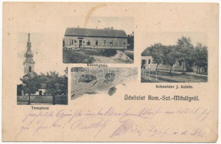 1912 Bégaszentmihály, Románszentmihály, Sanmihaiu Roman; Román ortodox templom, Községháza, Schneider J. üzlete. Kiadja Dajkovits J. utóda / Romanian Orthodox church, town hall, shop. Art Nouveau (EK)
