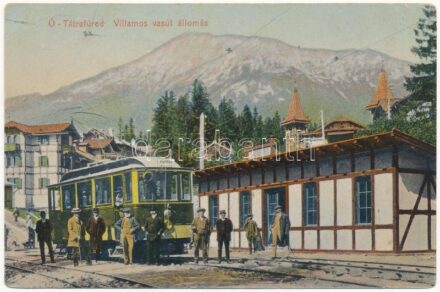 1913 Ótátrafüred, Altschmecks, Stary Smokovec (Magas-Tátra, Vysoké Tatry); Villamos vasútállomás. Fuchs Gyula felvétele és kiadása / tramway station (EK) + 'Podolin-Kassa-Budapest 288' vasúti mozgóposta