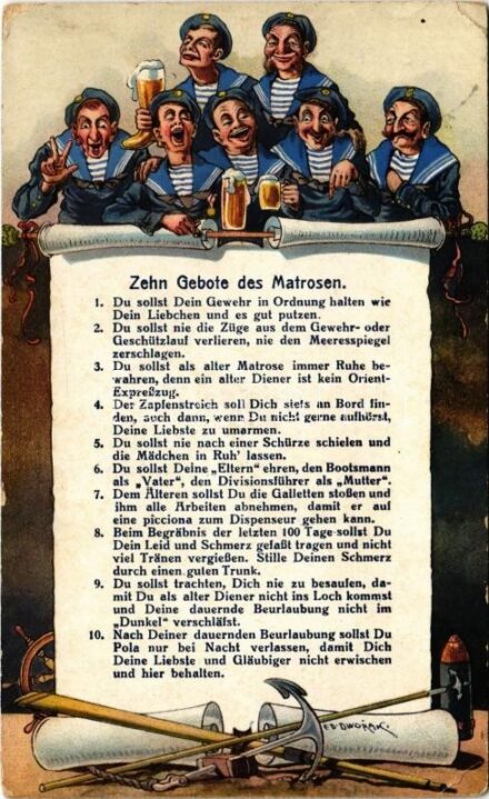 1915 Zehn Gebote des Matrosen / Ten commandments of the mariners. K.u.K. Kriegsmarine, mariners humorous art postcard. C. Fano Pola Nr. 13. s: Ed. Dworak (EK) + 'K.u.K. Kriegsmarine SMS Prinz Eugen'