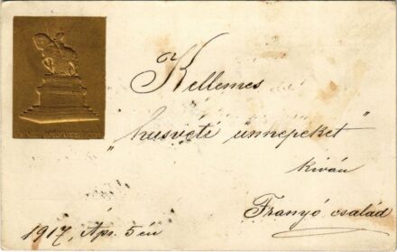 1917 Nemzeti Áldozatkészség Szobor segélylap, dombornyomott / WWI Austro-Hungarian K.u.K. military charity fund, golden Emb. (Rb)