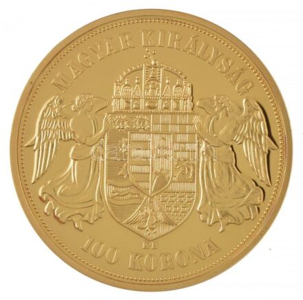 DN 'Magyarok Kincstára - Ferenc József, 100 korona, 1908' aranyozott rézötvözet utánveret tanúsítvánnyal, kapszulában (36mm) T:PP