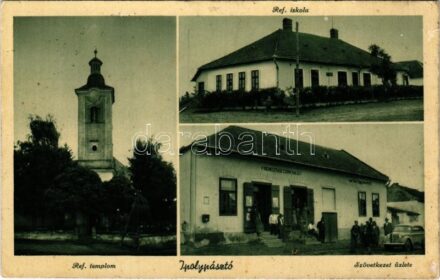 1943 Ipolypásztó, Pásztó, Pastovce; Református templom és iskola, autó, Fogyasztási szövetkezet üzlete és saját kiadása / Calvinist church and school, automobile, cooperative shop
