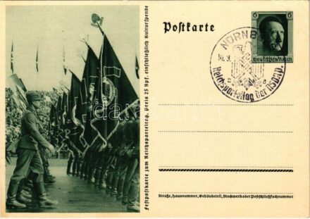 Festpostkarte zum Reichsparteitag / Nuremberg Rally, NSDAP German Nazi Party propaganda; 6 Ga. Adolf Hitler + 'NÜRNBERG Reichsparteitag der NSDAP 10. 9. 1937' So. Stpl. (EK)