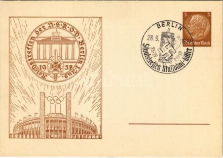 Reichstreffen der NSKOV Berlin 1. Aug. 1937 / NSDAP German Nazi Party propaganda, swastika; 3 Ga. Hindenburg + 'Staatstreffen Mussolini-Hitler Berlin 28. 9. 1937' So. Stpl.