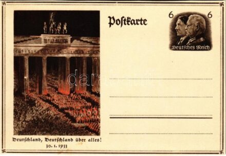 1933 Deutschland, Deutschland über alles! / Adolf Hitler sworn in as Chancellor of Germany by German President Paul von Hindenburg, NSDAP German Nazi Party propaganda, swastika; 6 Ga. (vágott / cut)