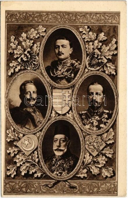 Első világháborús levelezőlap a Központi Hatalmak uralkodóival: V. Mehmed, II. Vilmos, IV. Károly, I. Ferdinánd. A magyar Vöröskereszt Egylet Szeretetadomány osztálya / WWI Austro-Hungarian K.u.K. military postcard, Central Powers