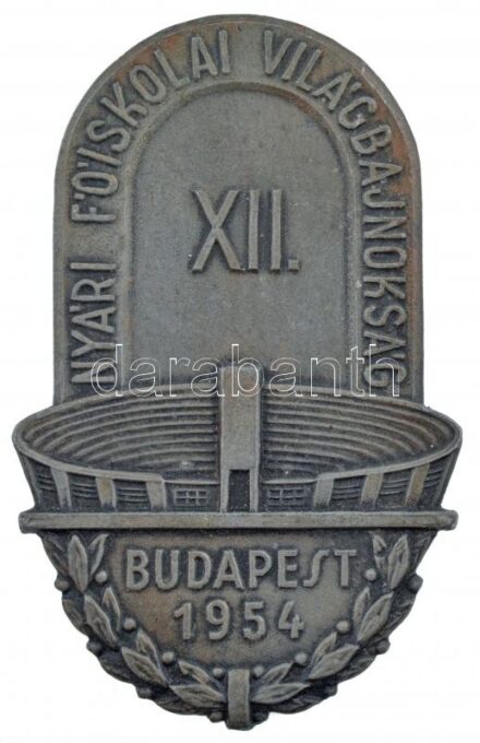 1954. 'XII. Nyári Főiskolai Világbajnokság Budapest' fém emlékplakett (65x40mm) T:2 kis patina