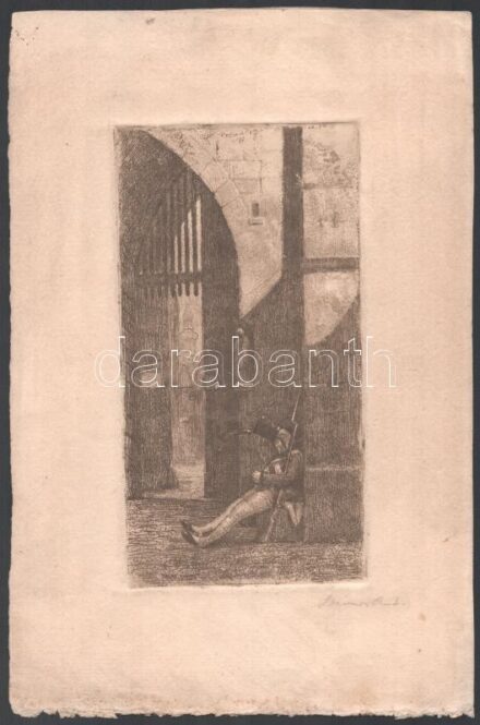 Steiner Antal (1896-1966): Alvó katona a soproni várkapunál, rézkarc, papír, jelzett, lapszéli foltokkal, 21×11 cm