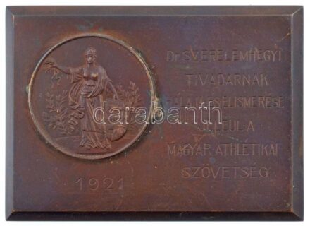 1921. 'Dr. Szerelemhegyi Tivadarnak hálája és elismerése jeléül a Magyar Athletikai Szövetség - 1921' Br plakett (84x61mm) T:2