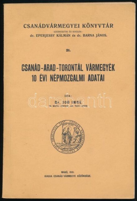 Joó Imre: Csanád-Arad-Torontál vármegyék 10 évi népmozgalmi adatai. Csanádvármegyei Könyvtár. 21. Makó,1931., Csanád Vármegye Közönsége, (Makói Friss Ujság-ny.),103 p. Kiadói papírkötés, jó állapotban.