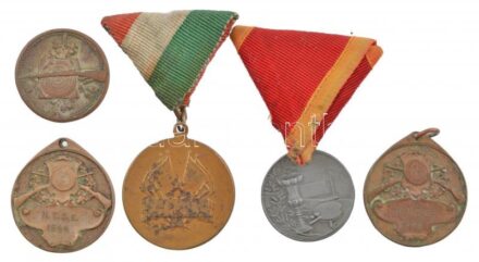 1944. 'BP. H.T.S.' Br lövész emlékérem, gravírozva (30mm) + 'H.T.S.E.' Br lövész díjérem gravírozva (2x) (36mm) + 1950. 'F.V.S.K. (Ferencvárosi Vasutas Sportkör)' fém asztali tenisz díjérem mellszalagon, gravírozva (30mm) +