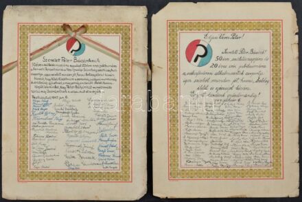 1947 Bp., Veres Péter (1897-1970) író, politikus részére szóló 2 db díszes oklevél, 50. születésnapja és 20 éves író jubileuma alkalmából, a Nemzeti Parasztpart és a Népi Ifjúsági Szövetség pesthidegkúti csoportjától,