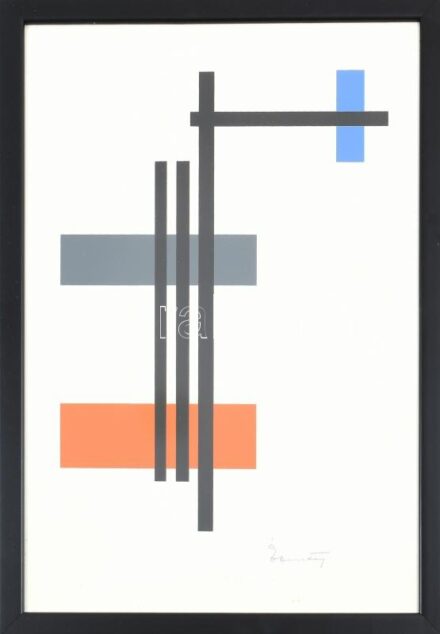 Ébneth Lajos (1902-1982): Kompozíció. Szitanyomat, papír. Keretben. 49 x 36 cm. A fehér papír részen apró pöttyök....