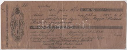 Budapest 1925. 'Első Magyar Általános Biztosító Társaság' díjkötelezvénye 1020 koronáról T:III- szakadás, lyuk