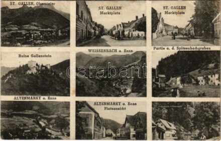 1922 Sankt Gallen (Steiermark), Obersteier, Marktplatz, Partie a. d. Spitzenbachgraben, Ruine Gallenstein, Weissenbach a. Enns, Altenmarkt a. Enns, Platzansicht, Frenzmühle b. Altenmarkt (EB)