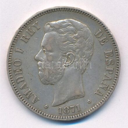 Spanyolország 1871DE-M (74) 5P Ag 'I. Amadé' T:2- ph. Spain 1871DE-M (74) 5 Pesetas Ag 'Amadeao I' C:XF edge error Krause KM#666