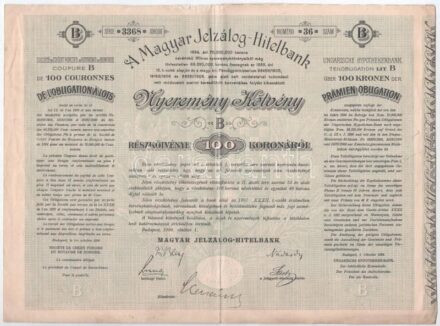 Budapest 1906. 'A Magyar Jelzálog-Hitelbank Nyeremény-Kötvénye' 'B' részkötvény 100K-ról, szárazpecséttel T:III folt, szakadás, anyaghiány, kis firka