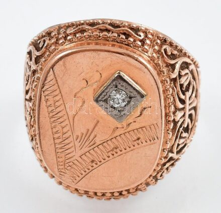 Arany (Au/14k) brilles (cca. 0,05 ct) pecsétgyűrű, jelzett, m: 62, bruttó: 11,24g