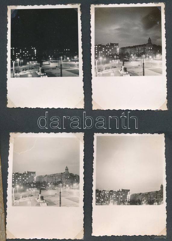 1935 Budapest, a Horthy Miklós (ma Móricz Zsigmond) körtér este, 4 db fotó kartonon, 9×6 cm