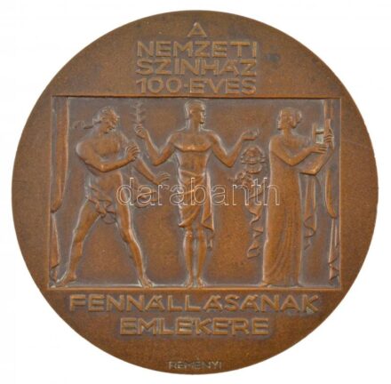 Reményi József (1887-1977) 1937. 'A Nemzeti Színház 100 éves fennállásának emlékére / 1837-1937' Br emlékérem tokban (70mm) T:1- ph. HPII 2290.