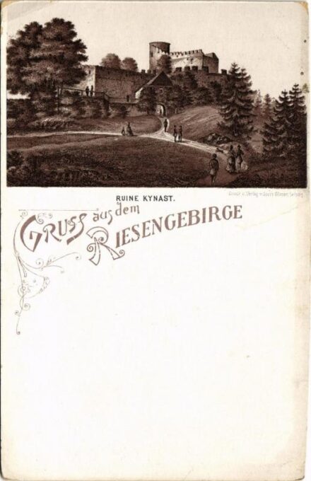 Sobieszów, Hermsdorf unterm Kynast; Gruss aus dem Riesengebirge. Ruine Kynast / Chojnik castle ruins. Druck u. Verlag v. Louis Glaser. litho (cut)