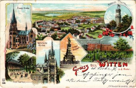 1898 (Vorläufer) Witten, Evang. Kirche, Helenen-Turm, Katholische Kirche, Voss-Garten, Krieger-Denkmal / Lutheran church, tower, church, park, military monument. C. P. Harff & Gartz. Art Nouveau, floral, litho (fa)