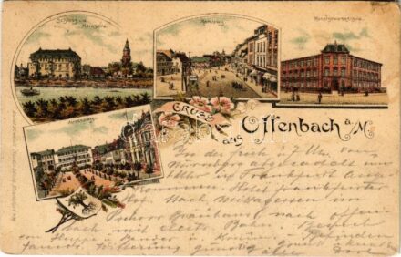 1895 (Vorläufer!!) Offenbach am Main, Schloss v. d. Mainseite, Marktplatz, Kunstgewerbeschule, Alicenplatz / castle, riverside, market square, tram, arts and crafts school, square, coat of arms. Kunstanstalt Rosenblatt. Art Nouveau, floral, litho